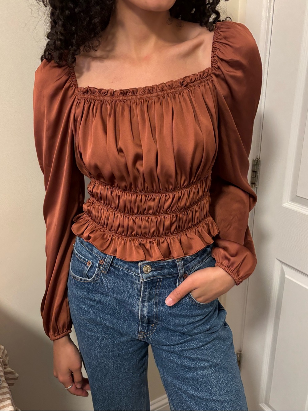 Bar III Rust Smocked Square-Neck Long-Sleeve Blouse